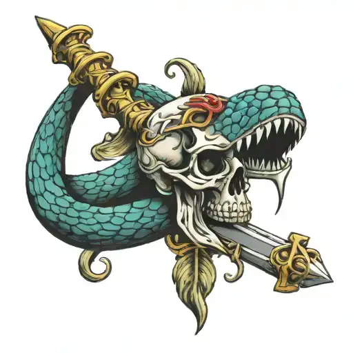 skull thats a snake with a sword for a tail tattoo design idea