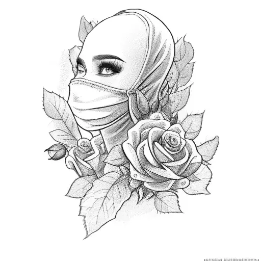 A girl with a balaclava holding a bouquet of roses tattoo design idea