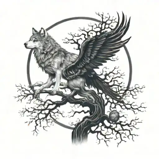 On the trunk of the Tree of Life is a wolf and a unicorn. In the crown of the tree is a phoenix and a raven, the moon and the sun are yin-yang, in the roots is the energy of the absolute tattoo design idea