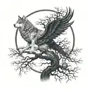 On the trunk of the Tree of Life is a wolf and a unicorn. In the crown of the tree is a phoenix and a raven, the moon and the sun are yin-yang, in the roots is the energy of the absolute tattoo design idea