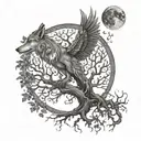 On the trunk of the Tree of Life is a wolf and a unicorn. In the crown of the tree is a phoenix and a raven, the moon and the sun are yin-yang, in the roots is the energy of the absolute tattoo design idea