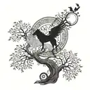 On the trunk of the Tree of Life is a wolf and a unicorn. In the crown of the tree is a phoenix and a raven, the moon and the sun are yin-yang, in the roots is the energy of the absolute tattoo design idea