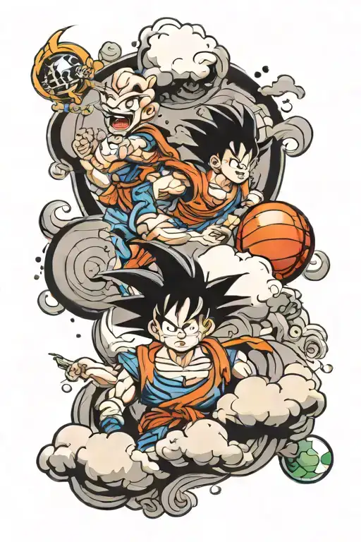 Iconic Dragon Ball elements such as Dragon Balls, Dragon Radar, Kinton Clouds and characters tattoo design idea