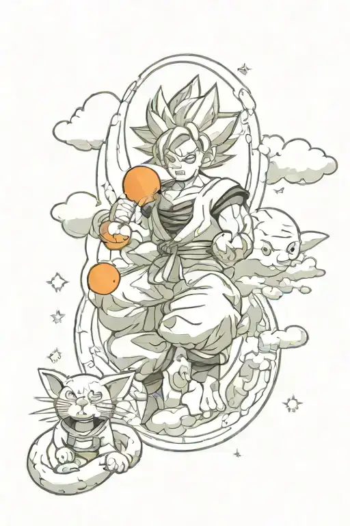 Iconic Dragon Ball elements such as Dragon Balls, Dragon Radar, Kinton Clouds and characters tattoo design idea
