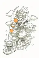 Iconic Dragon Ball elements such as Dragon Balls, Dragon Radar, Kinton Clouds and characters tattoo design idea