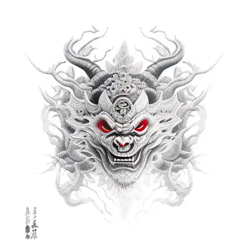 Oni Mask Cherry Blossom black and grey sleeve  tattoo design idea