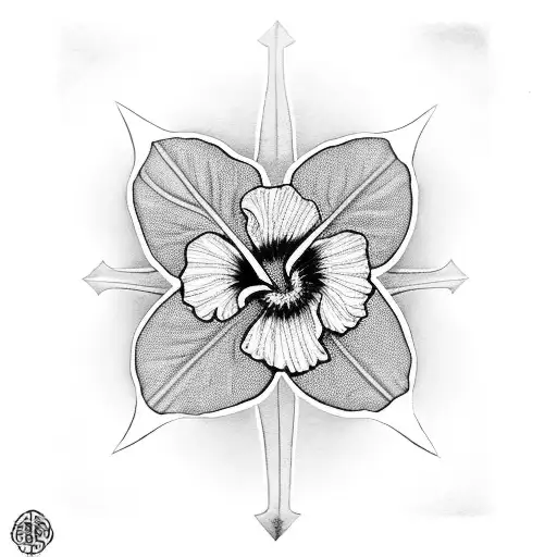 hibiscus blossom with aya adinkra symbol grayscale tattoo design idea