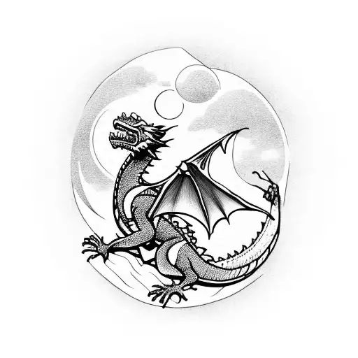 Dragon mounted on mountain, put river and moon background. tattoo design idea