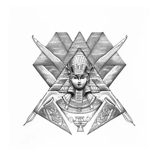 An intricate blackwork pyramid with Egyptian deities Ra, Osiris, and Konshu tattoo design idea