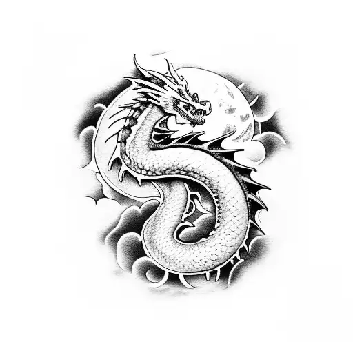Dragon, moon, clouds, mountain tattoo design idea