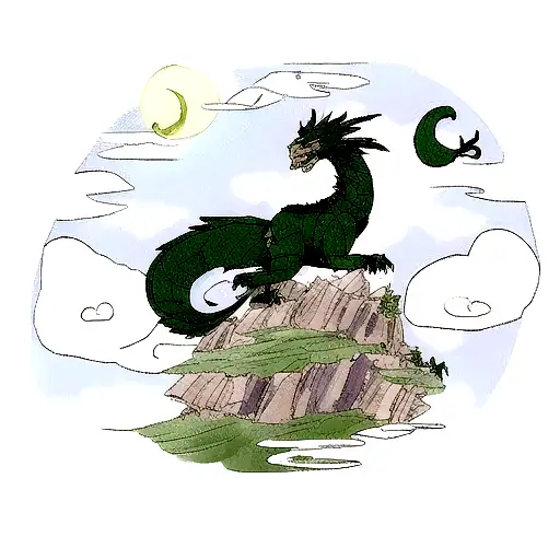 Celtic dragon on a mountain with clouds and moon in the background tattoo design idea