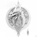 medieval Dragon, moon, clouds, mountain tattoo design idea