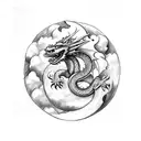 medieval Dragon, moon, clouds, mountain tattoo design idea