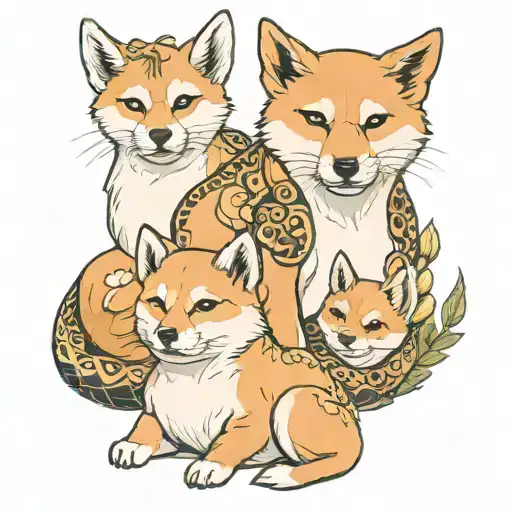 dragon, 2 Shiba in and a baby goat together in a family photo pose tattoo design idea