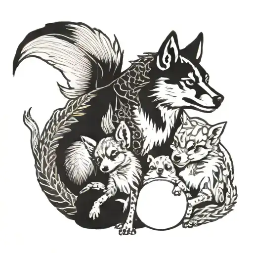 dragon, 2 Shiba inu and a baby goat together in a family photo pose tattoo design idea