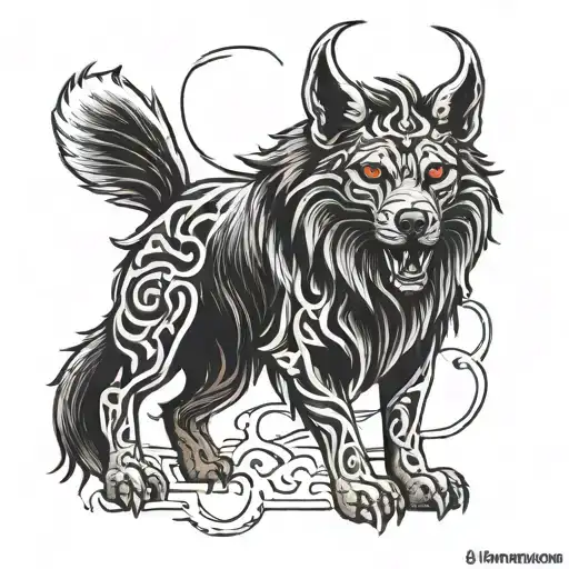 dire wolf sitting like baphomet  tattoo design idea