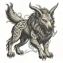 dire wolf sitting like baphomet  tattoo design idea