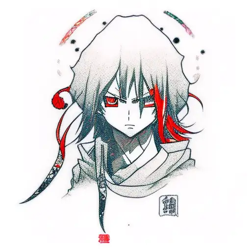 Design the anime character vagabond with a Sakura, using the colors black and red tattoo design idea