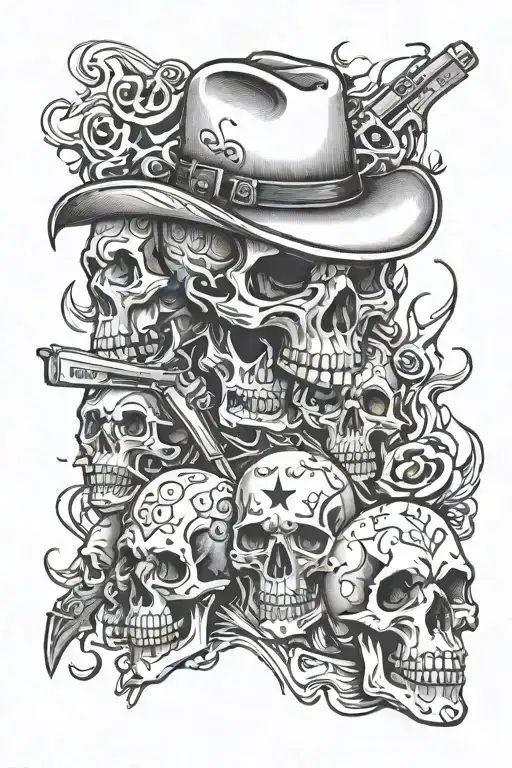 create something related things involving   skulls, cowboys and fire arms tattoo design idea
