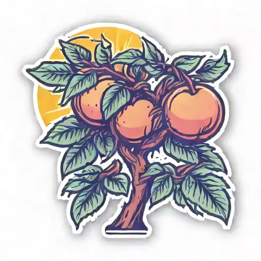 scratch n' sniff sticker that has a peach tree with a large sun behind it tattoo design idea