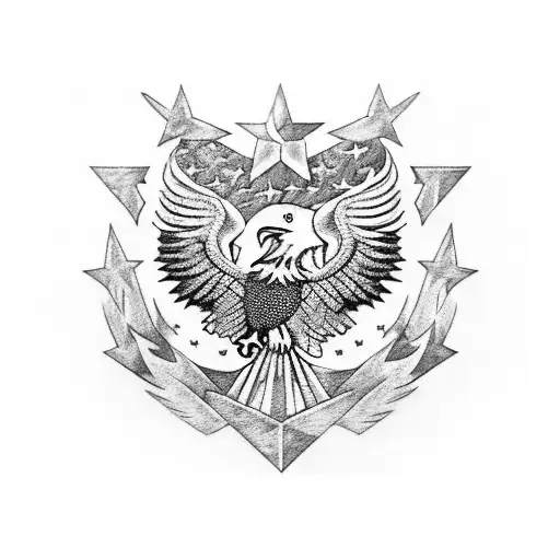 A blackwork half-sleeve tattoo featuring a combination of mechanical elements and iconic American symbols, like the bald eagle and the stars and stripes tattoo design idea