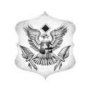 A blackwork half-sleeve tattoo featuring a combination of mechanical elements and iconic American symbols, like the bald eagle and the stars and stripes tattoo design idea