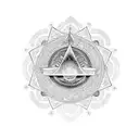 sleeve with flowet of life background and hamsa and metatrons cube in forehround tattoo design idea