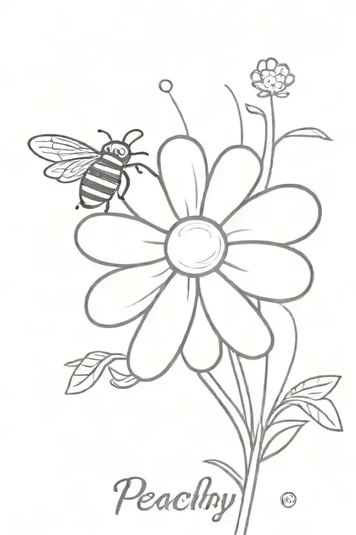 Daisy with stem, Smiley Face, Bee flying over. the word peachy tattoo design idea