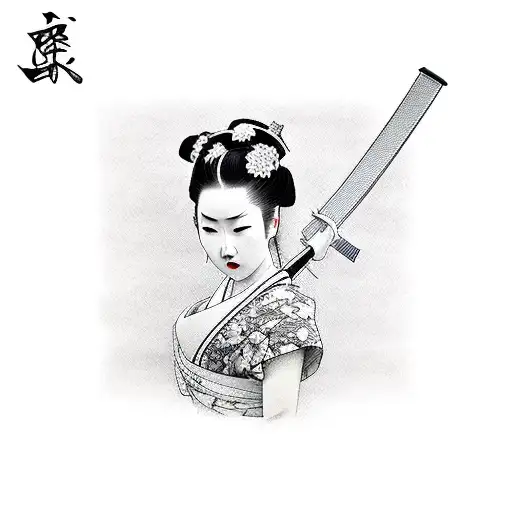 Japanese geisha black hair katana sword white kimono tattoo design idea