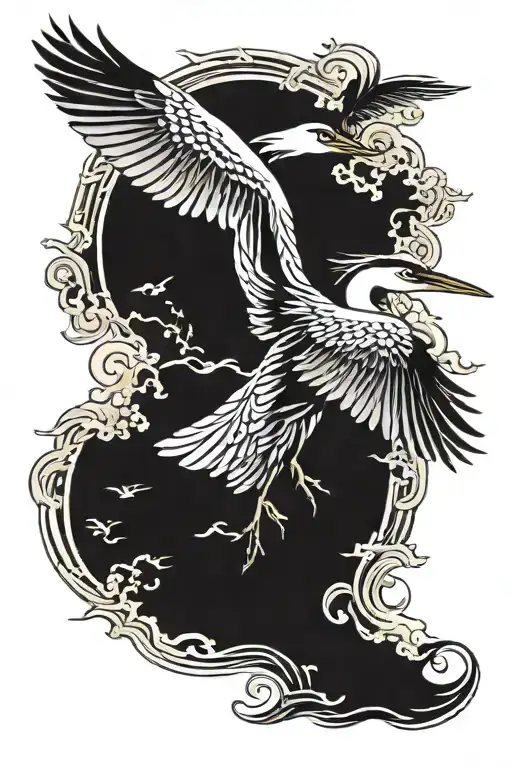 heron fliying with sun tattoo design idea