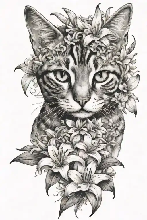cat face surrounded by lily flowers tattoo design idea