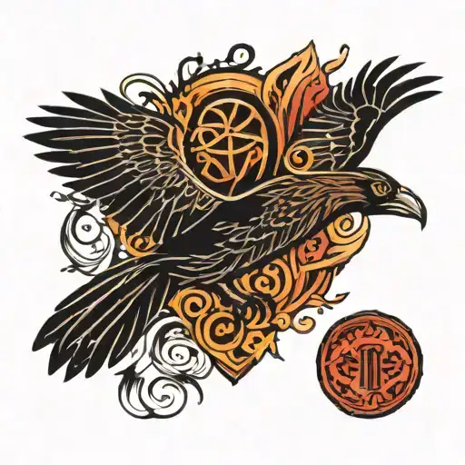 Nordic runes and raven flying tattoo design idea