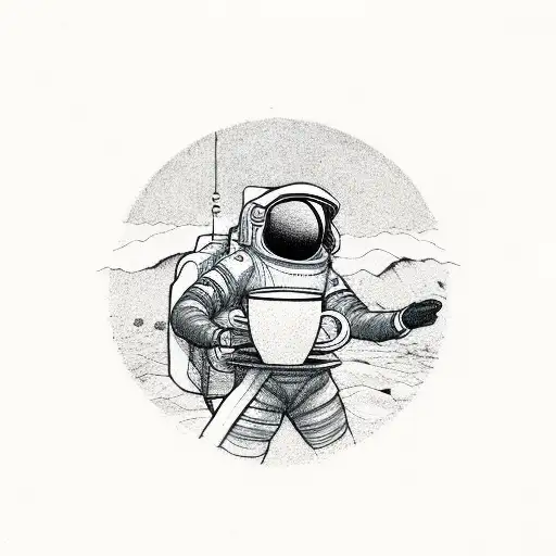 Astronaut barista serving coffee on the moon tattoo design idea