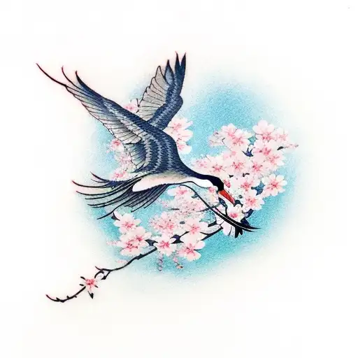 A Japanese crane flying over a field of sakura flowers tattoo design idea