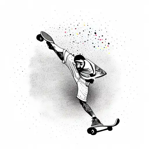 A blackwork tattoo of a skateboarder doing a trick with vibrant splashes of color around them tattoo design idea