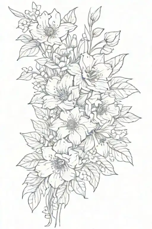 create a bouquet of March, April, September, and December birth flowers tattoo design idea