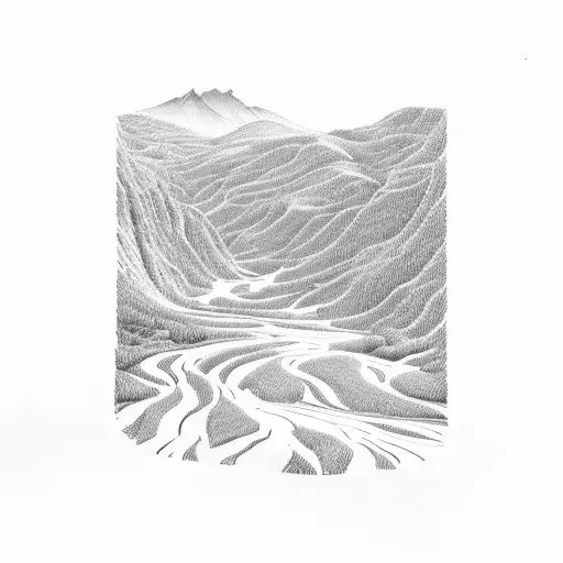 A surreal landscape of rolling hills and valleys, with the words Hansen-Montgomery flowing like a river through the scenery tattoo design idea