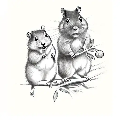 A whimsical composition featuring a hamster and squirrel playing together on a tree branch, with the words Hansen-Montgomery woven into the foliage tattoo design idea