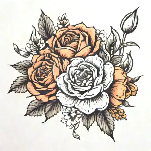 Rose, alstroemeria, gypsophelia, peony, tulips, carnation, snapdragon, sunflower, dahlia, daisy, black rose, buttercup tattoo design idea