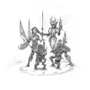 A group of friends playing a tabletop game surrounded by their favorite gaming characters tattoo design idea