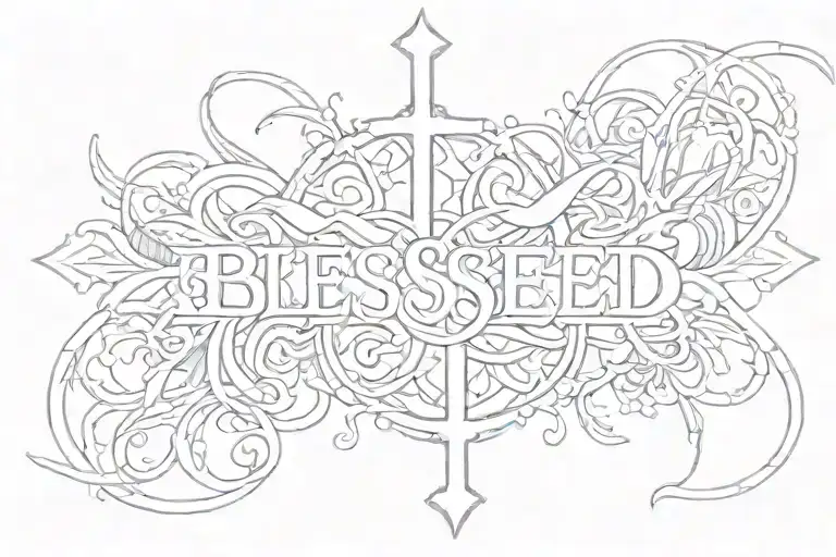 blessed written across with a cross intertwined tattoo design idea