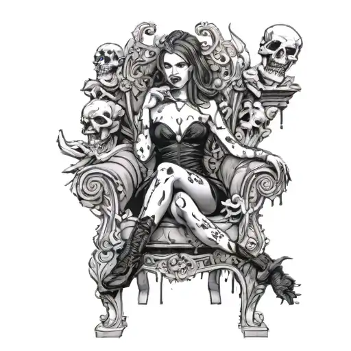 A sultry female vampire lounging on a throne of skulls, with blood splattered around her tattoo design idea