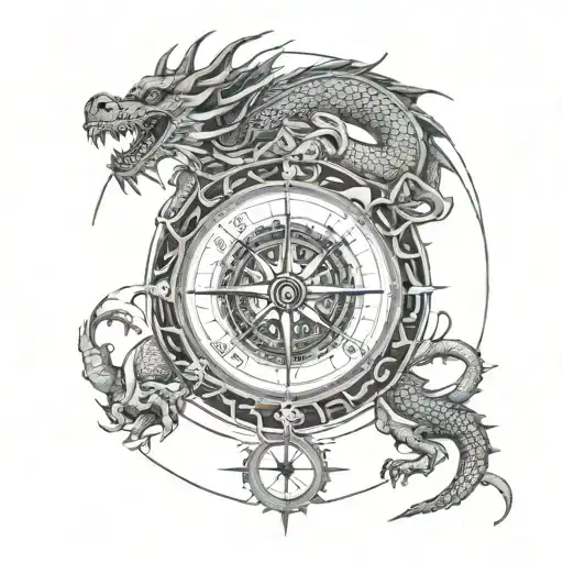 compass with all direction surrounded by Asian dragon with their pearl tattoo design idea