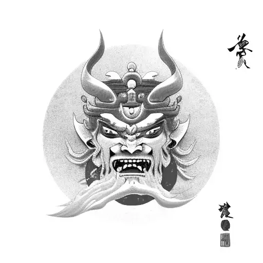 japanese god susanoo face with katana and red moon tattoo design idea