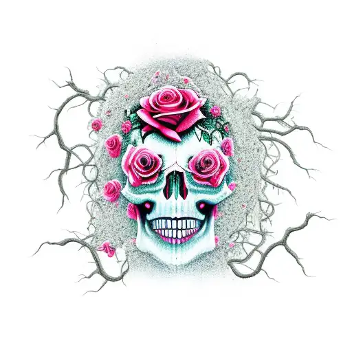 skull with roses pouring out one side, and dead cursed vines pouring out the other tattoo design idea