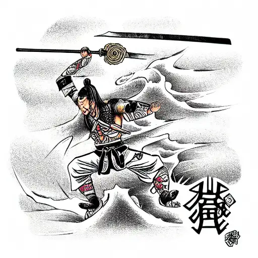 lone ronin warrior in japanese armor, standing on top of hill, looking down tattoo design idea