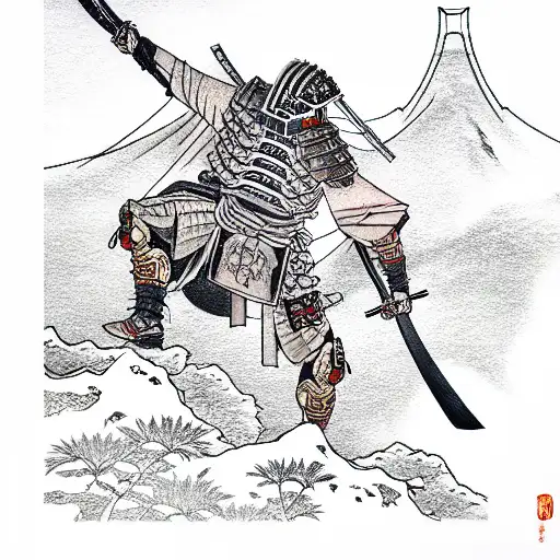 lone ronin warrior in japanese armor, standing on top of hill, looking down tattoo design idea
