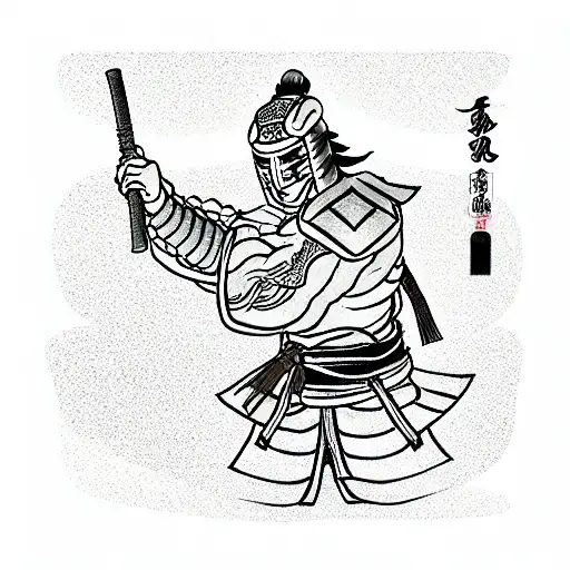 lone ronin warrior in japanese armor, standing on top of hill, looking down tattoo design idea