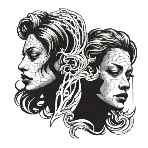 two equal hegemonic female faces facing each other, a bad woman and a good one tattoo design idea