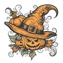 witch hat with pumpkins and ghosts coming tattoo design idea